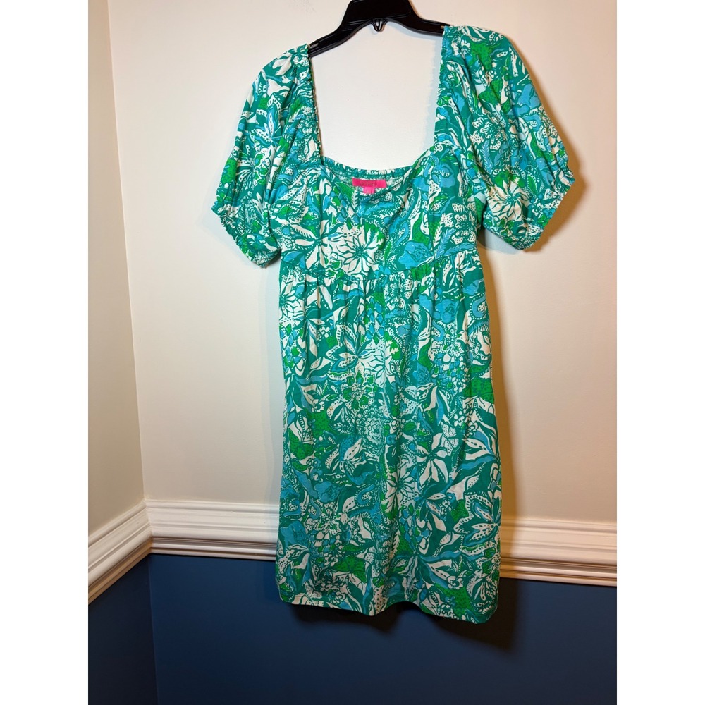 Lilly Pulitzer Delaney  Mini Dress Women Green Floral Smocked Puff Sleeve Cotton